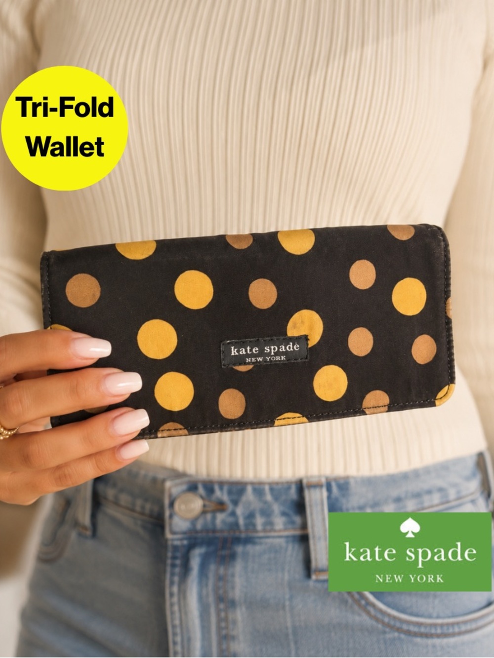 2/for $20 🪩Tri-Fold Brown, Yellow Polka-Dotted, Card Holder Wallet (4x7 inches)